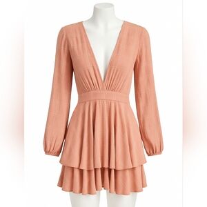 Saints + Secrets Pink Ruffle Tiered Long Sleeve Shorts Romper Women’s Size Large